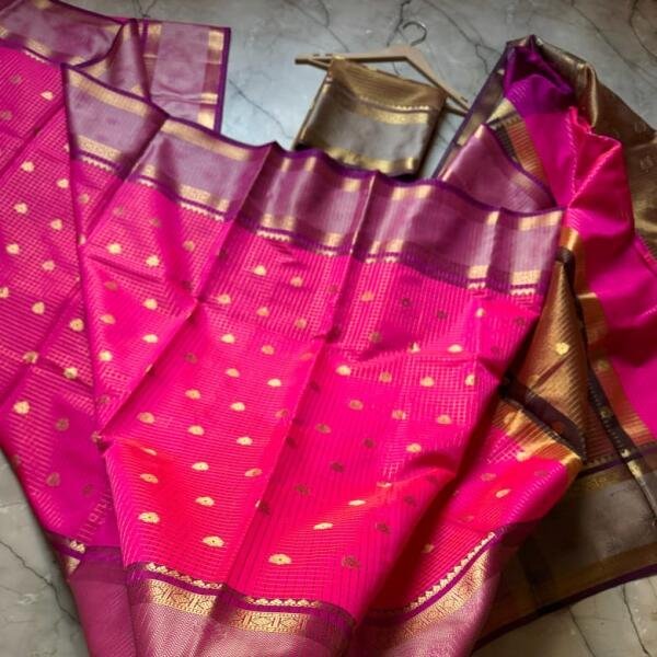 Banarasi Semi Katan Soft Zari Check Buti Silk Saree