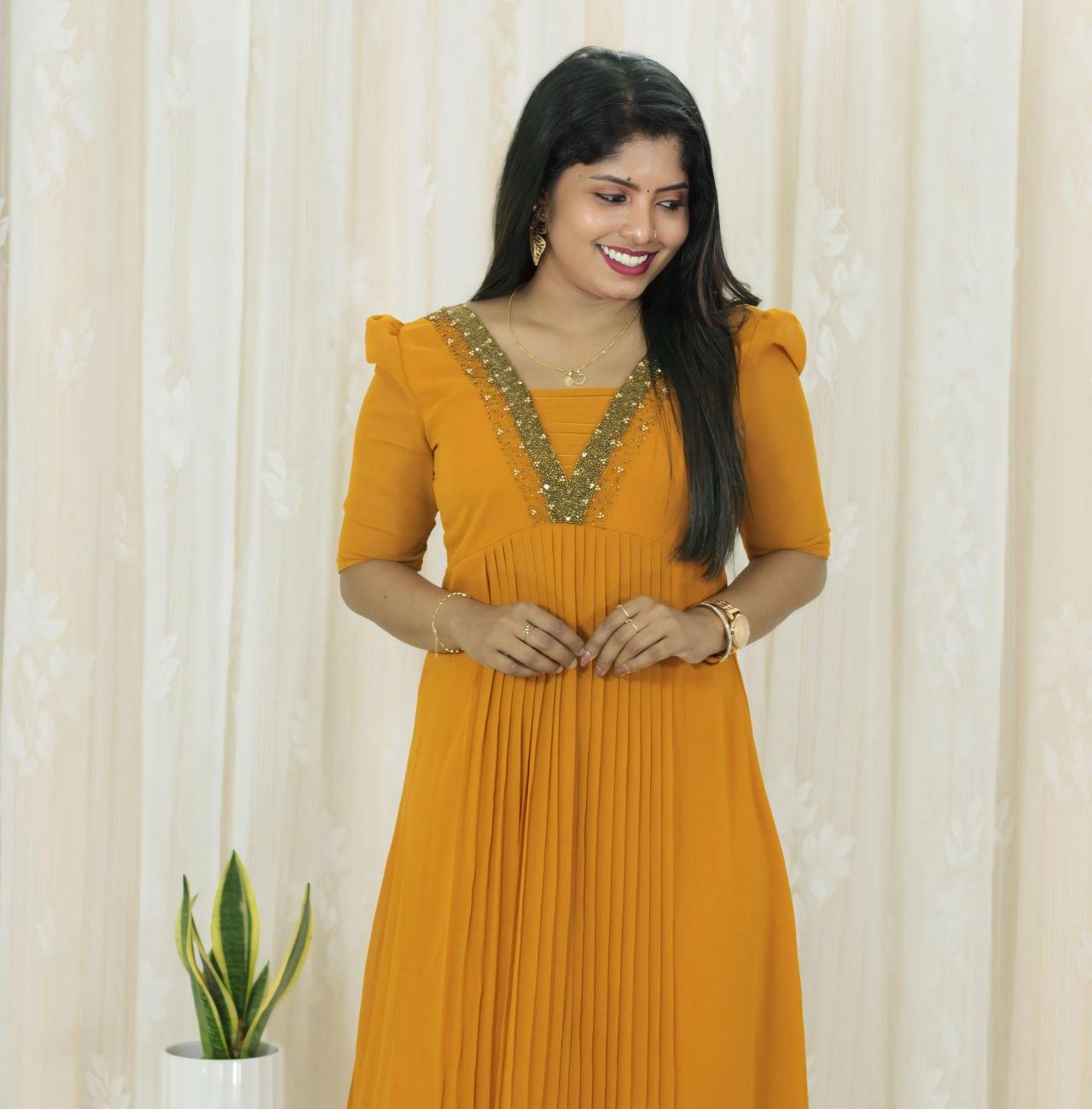 Elegant Hand-Embroidered Pleated Kurti