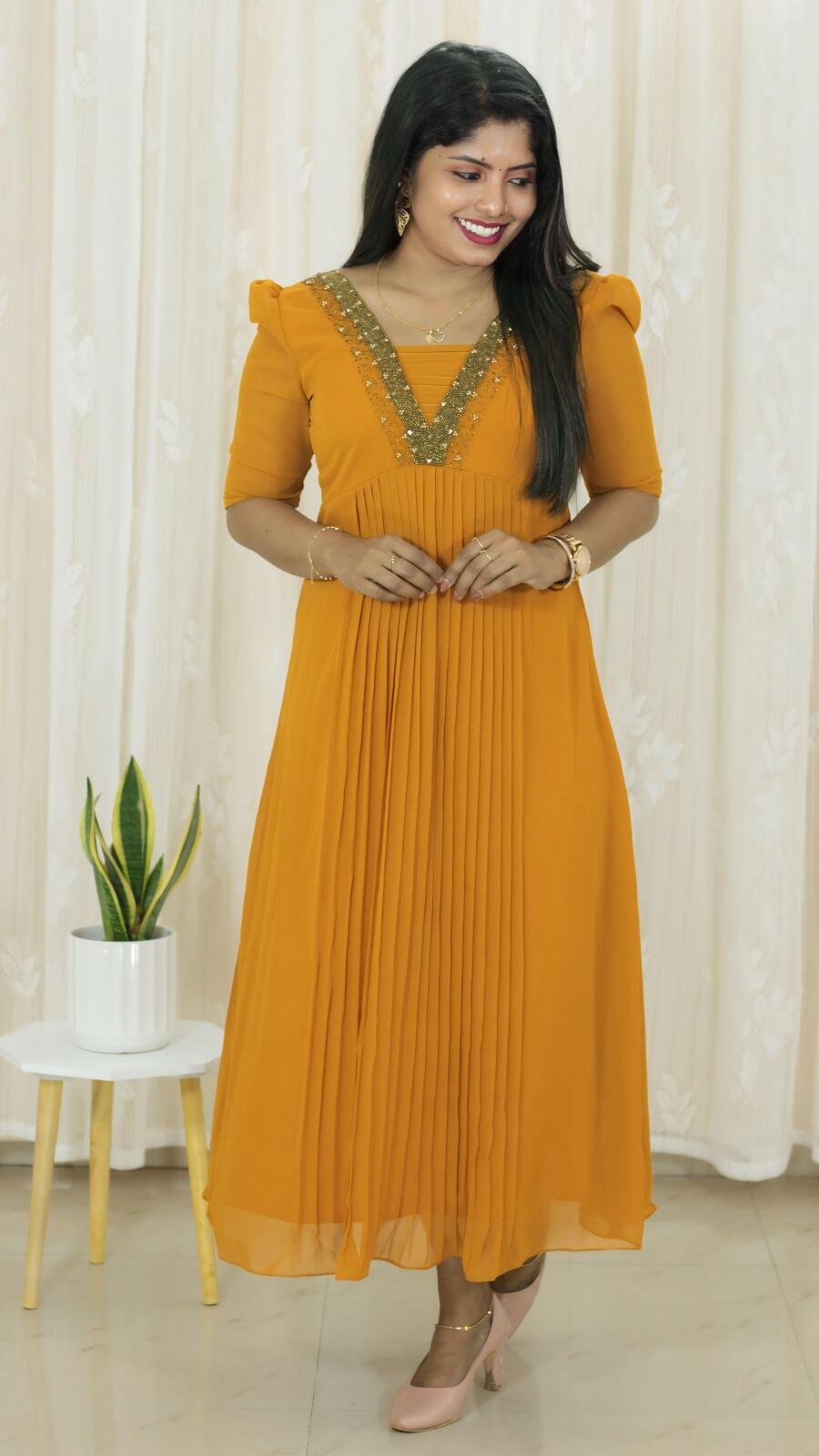 Elegant Hand-Embroidered Pleated Kurti