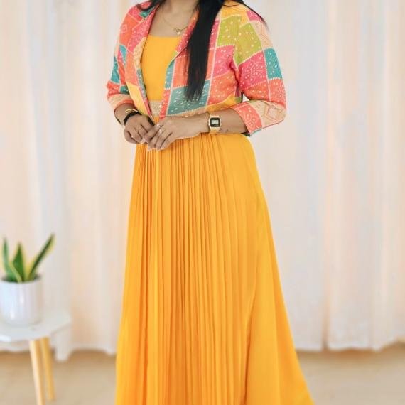 Mustard yellow sleeves gown with jacket